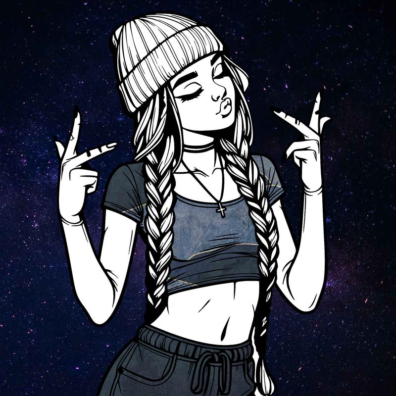 realistic teenage girl with braids and a beanie and crop top doing 🫶🏼