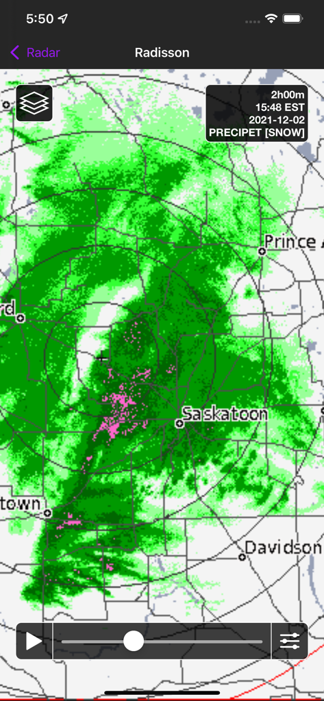 Canada Weather - La aplicación Canada Weather muestra un mapa de radar detallado de precipitación de nieve para la región de Saskatoon