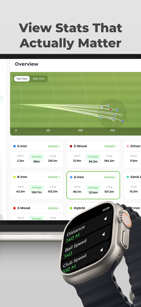 GolfTrak: Phone Launch Monitor - GolfTrak app interface on iPad and Apple Watch displaying shot tracking trajectories and club performance statistics