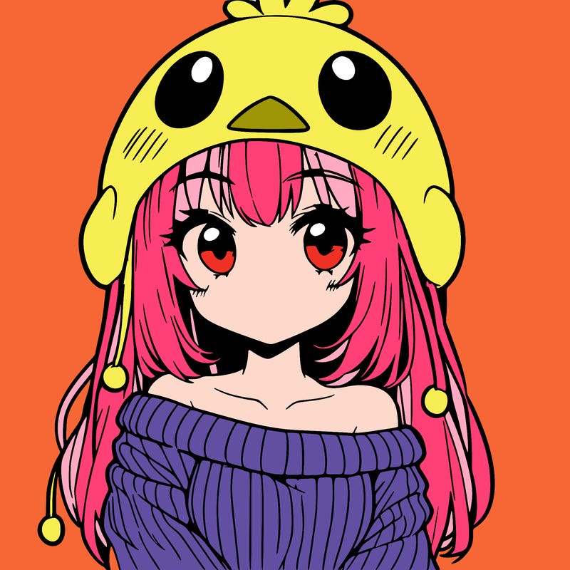 anime girl with chick shaped hat with sweater with bare shoulders with bangs covering them one eye with low tail