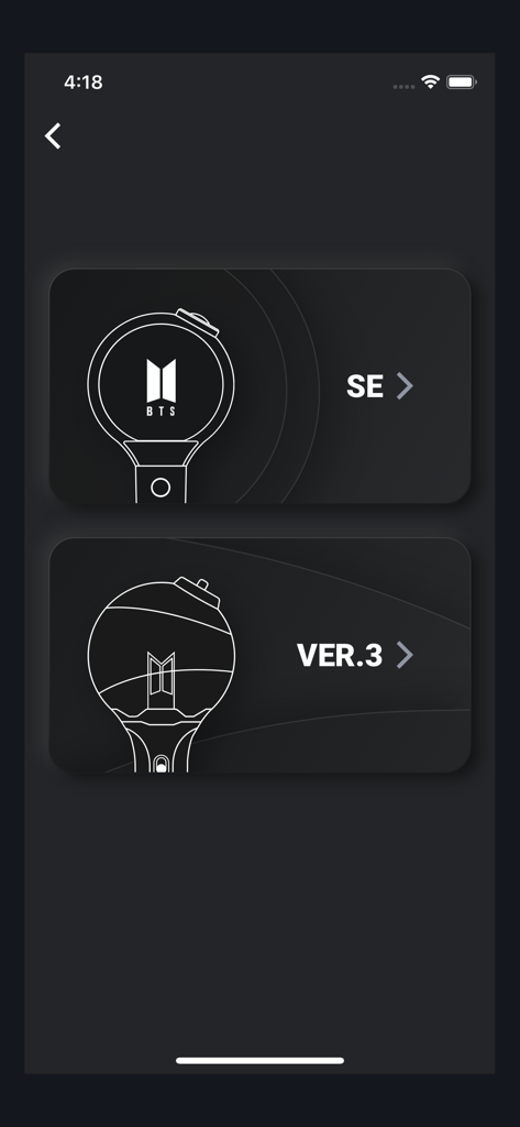 Selection screen for BTS light stick models SE and Version 3