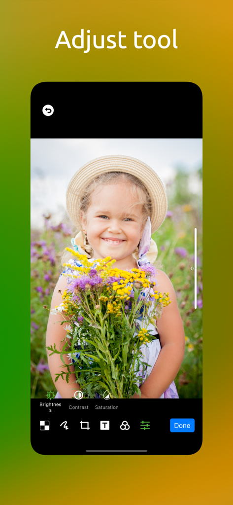 Mosaic - Photo Blur & Pixelate - Mosaic app interface showing the adjust tool for brightness and contrast on a photo of a child