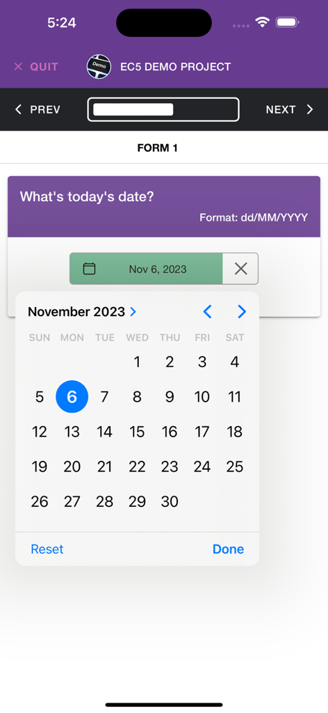 Epicollect5 mobile app interface showing a date picker on a data collection form