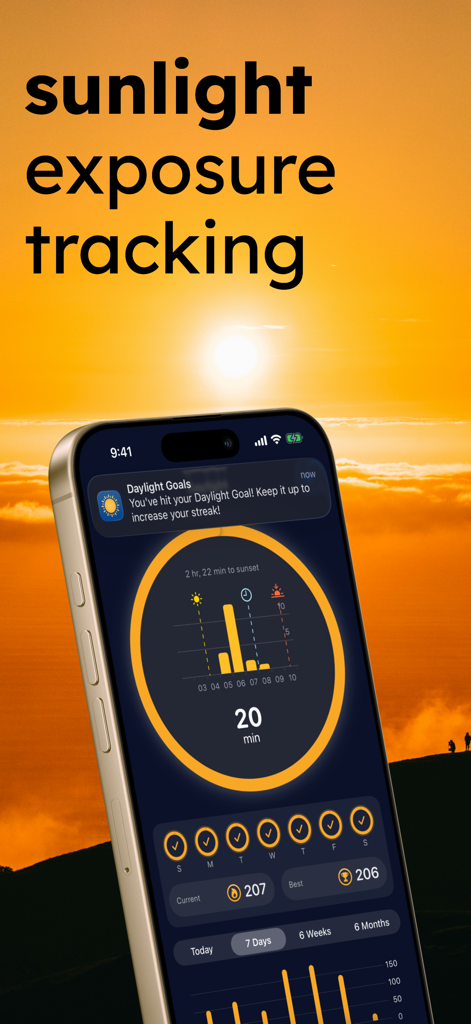 Daylight Goals Sunlight Timer - Daylight Goals app dashboard on a smartphone showing sunlight exposure tracking progress and daily goals