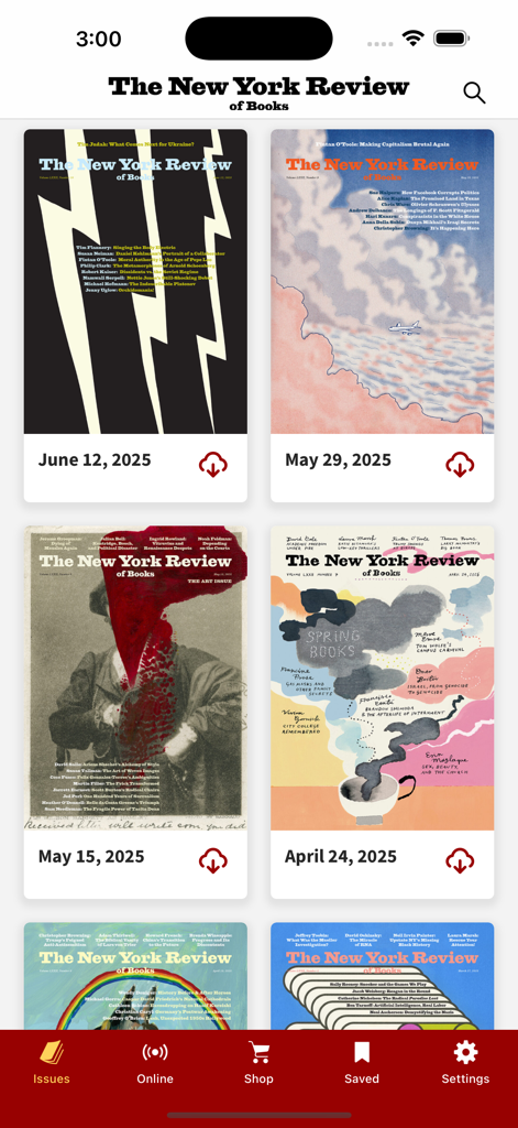Screenshot of the New York Review of Books app showing a library of digital magazine issues with dates and download options.