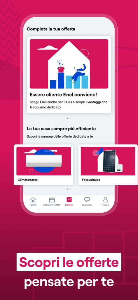 Enel Energia - Interfaz de la aplicación móvil Enel Energia que muestra ofertas personalizadas de eficiencia energética para el hogar, como paneles solares y aire acondicionado