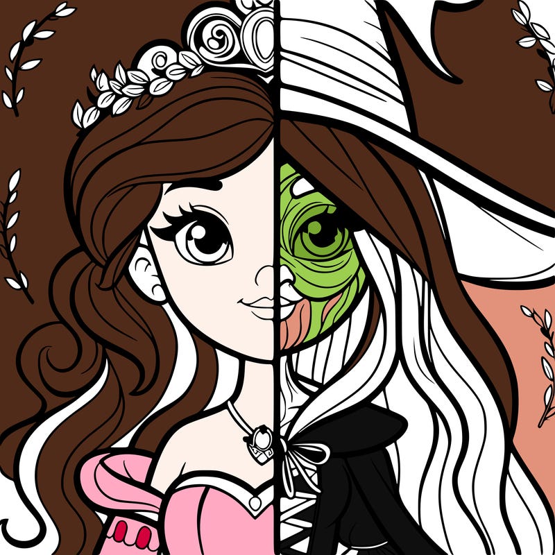 detailed realistic split of a princess and a witch