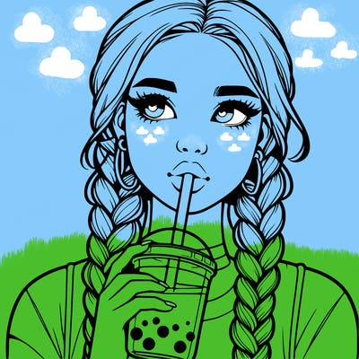 realistic girl with braided hair drinking boba