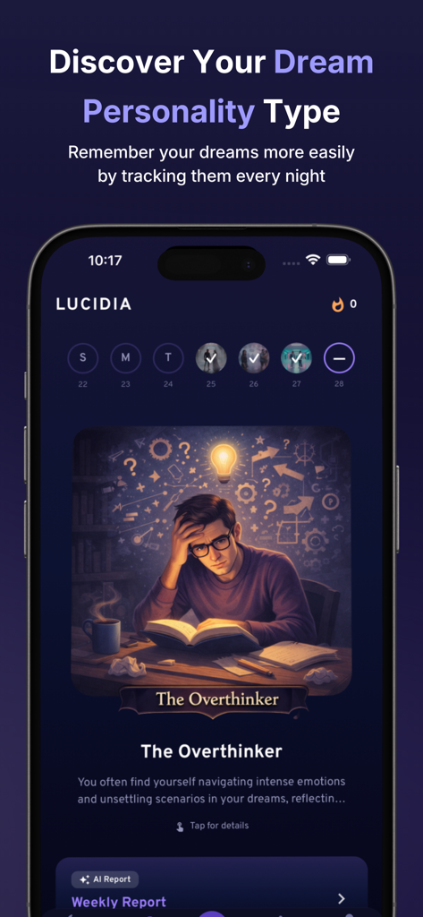 Lucidia - My Dream Journal - Lucidia app interface displaying the dream personality type profile for The Overthinker