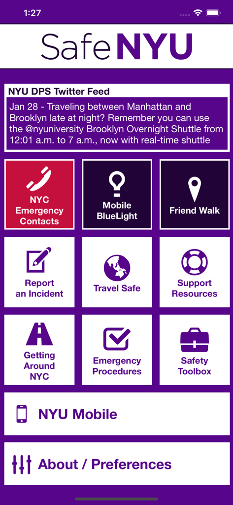 Interfaz de la aplicación móvil Safe NYU mostrando contactos de emergencia y funciones de seguridad del campus
