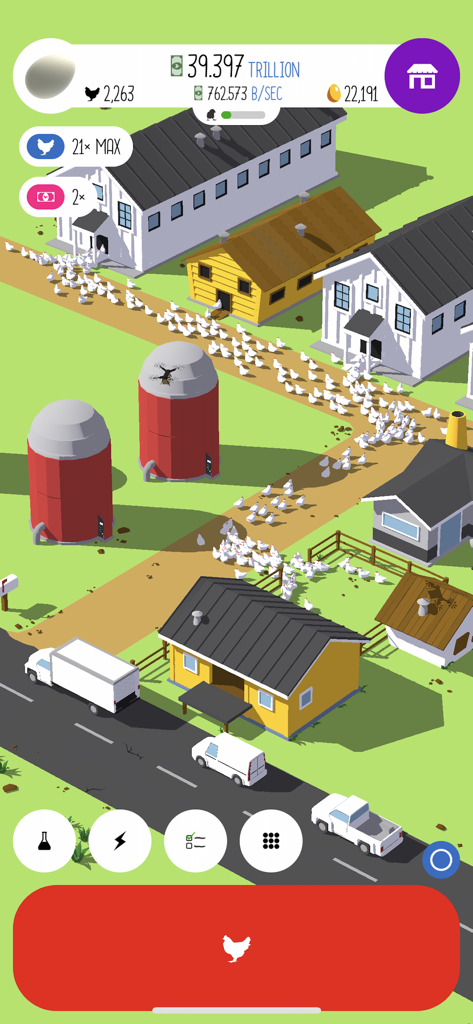 A colorful 3D isometric view of a chicken farm with a swarm of chickens and progress statistics in Egg Inc