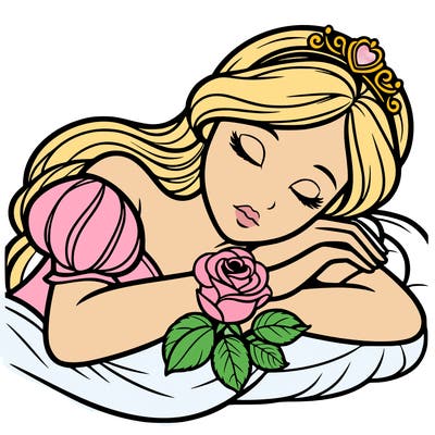 a fairytale princess sleeping with her hands crossed on her chest and a rose on her chest realistic