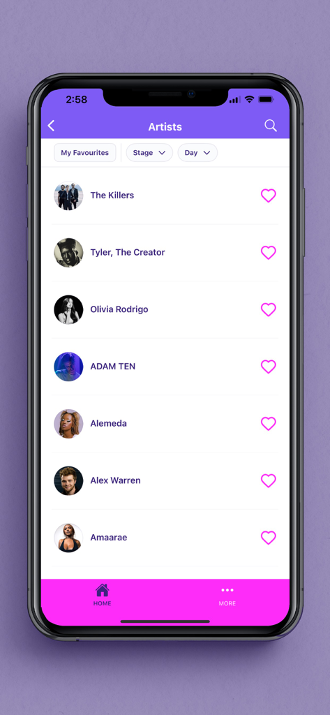 Osheaga mobile app interface showing a list of performing artists like The Killers and Tyler The Creator with favorite options