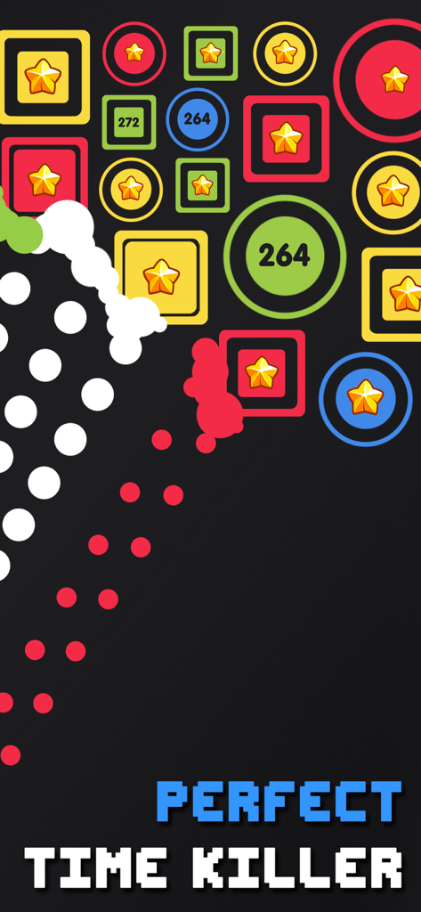 Gameplay of Idle Bubbles Cannon showing colorful shapes and shooting balls