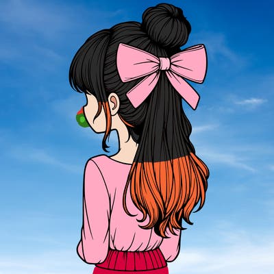 realistic girl  with hip length hair a bun and a big bow on the back of head