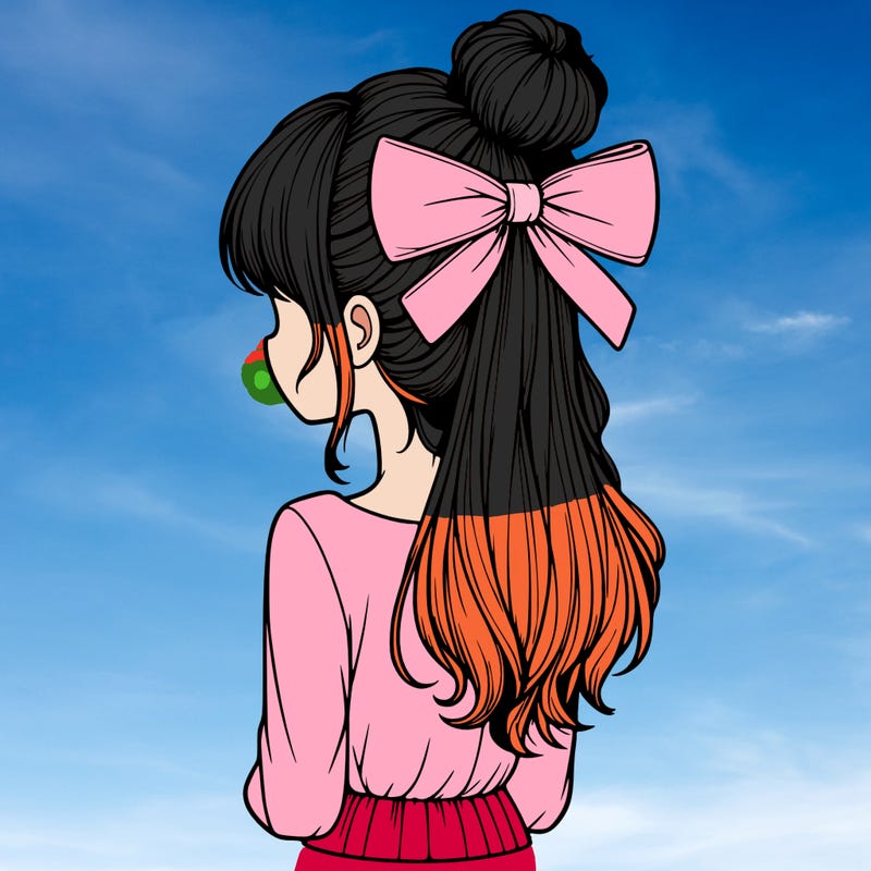 realistic girl  with hip length hair a bun and a big bow on the back of head