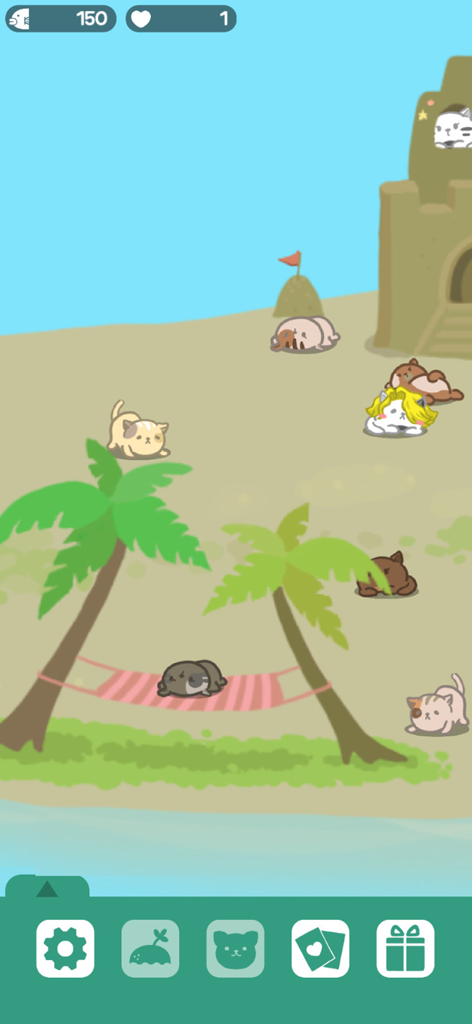 Solitaire Cat Paradise - Simpatici gatti cartoni animati che si rilassano su un'isola tropicale con palme e un'amaca.