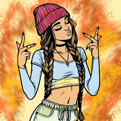 realistic teenage girl with braids and a beanie and crop top doing 🫶🏼