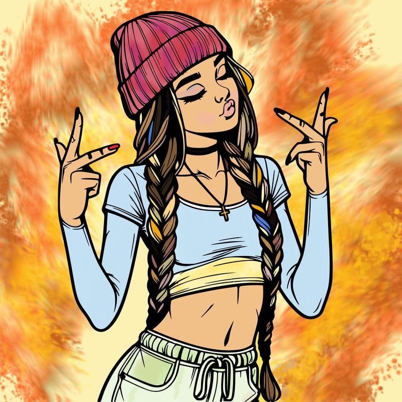 realistic teenage girl with braids and a beanie and crop top doing 🫶🏼