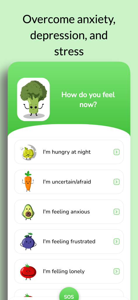 Brocco: Eating disorder & Diet - Interfaz de la aplicación Brocco que muestra una lista de estados emocionales como ansiedad y estrés para ayudar a los usuarios a manejar la alimentación emocional.