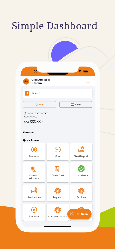 Laxmi Sunrise Mobile Money - User dashboard of Laxmi Sunrise Mobile Money app featuring quick access banking icons like payments, send money, and QR scan