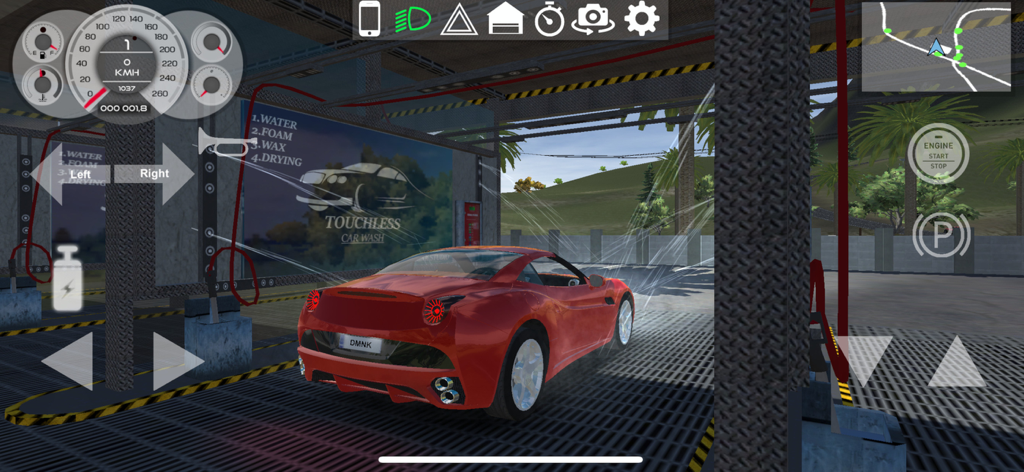 European Luxury Cars - A red sports car inside a touchless car wash station within the European Luxury Cars game