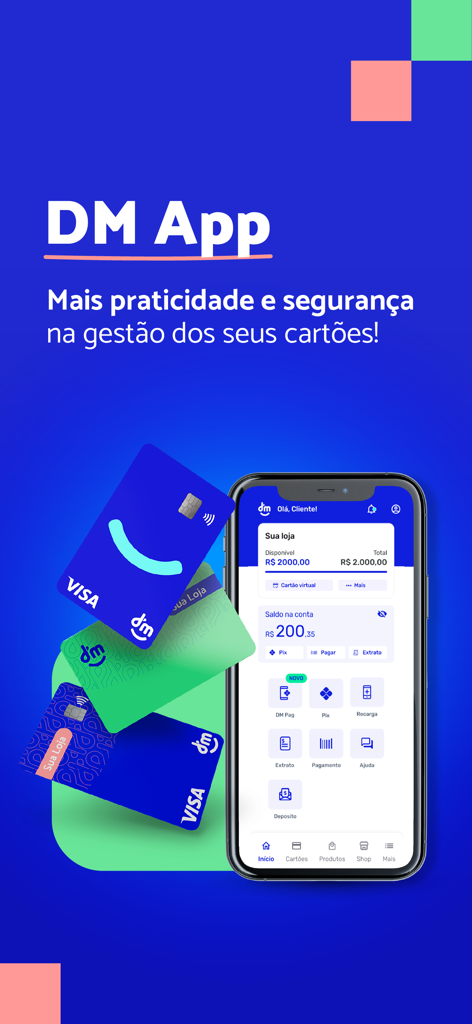 DM App: Conta, Crédito e Pix - A smartphone showing the DM App financial interface surrounded by several DM branded credit cards