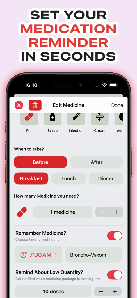 Medisafe Carezone: PillMemo - Medisafe Carezone PillMemo app screen for setting medication reminders, dosages, and refill alerts.