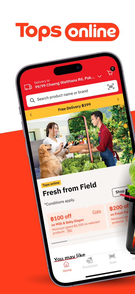 Tops Online mobile app home screen showing fresh produce delivery and discount vouchers