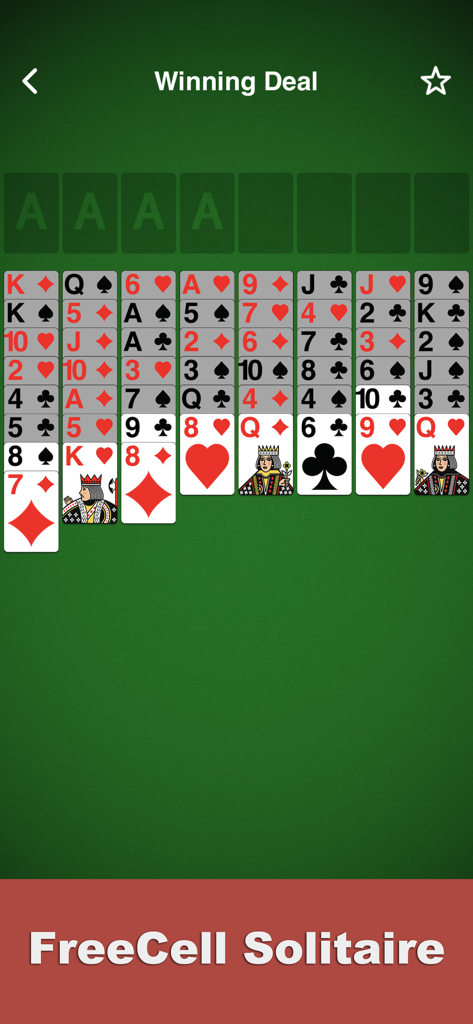 Solitaire: Classic - Interfaz de juego de FreeCell Solitaire mostrando una configuración de reparto ganador sobre un fondo clásico de fieltro verde.