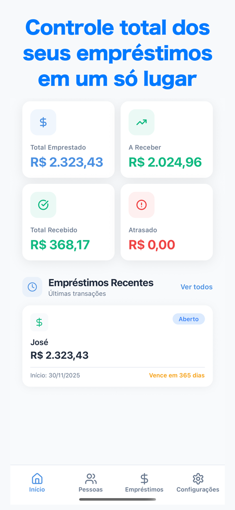 Loans: Manage Control - Dashboard of the Loans Manage Control app displaying personal lending statistics and recent transactions
