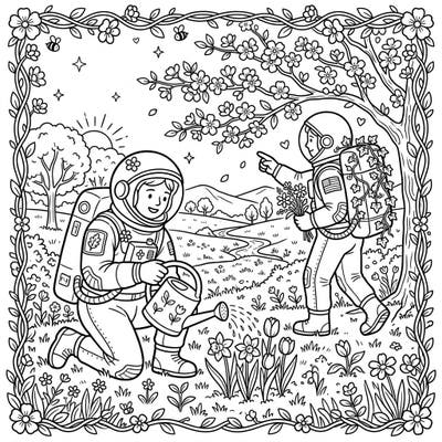 Embark on an extraordinary journey with our Apollo Astronauts Spring coloring page. Discover a whimsical scene where space explorers tend to a vibrant garden blooming with life.
