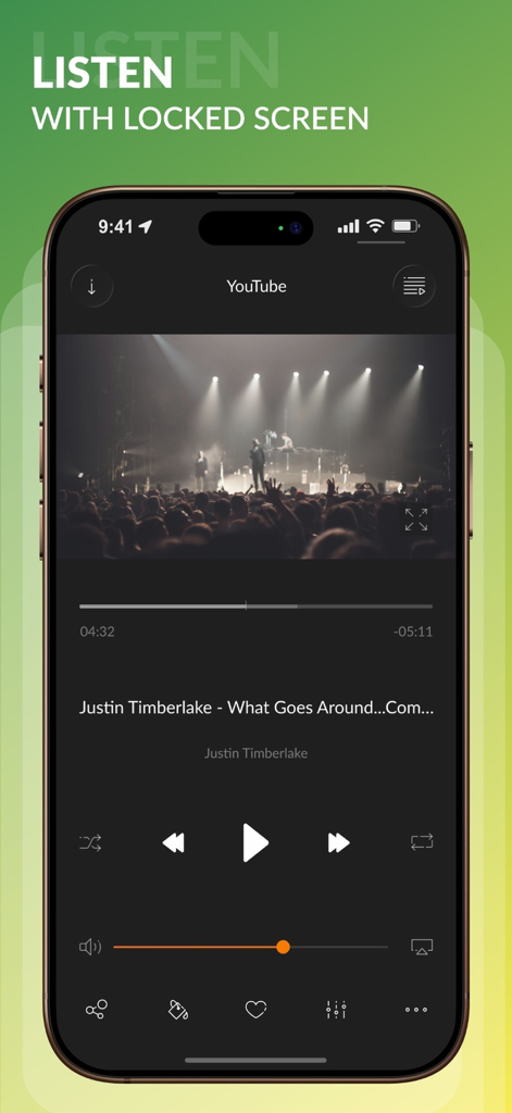 Silence Music - Silence Music app interface showing a YouTube music video playing with a locked screen feature.