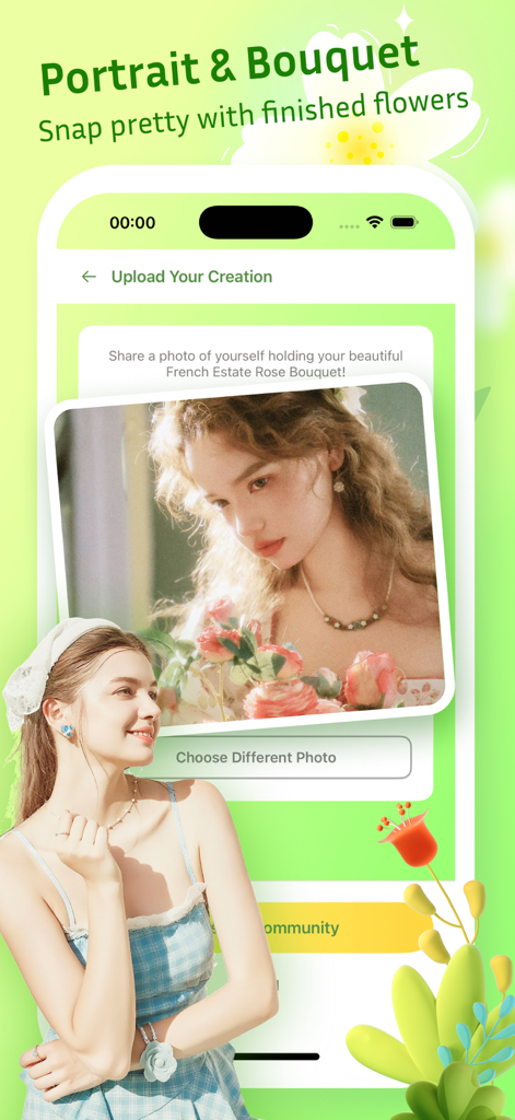 Mila: Flora Nest - Mila Flora Nest App-Oberfläche zum Hochladen eines Porträts mit einem fertigen Blumenstrauß.