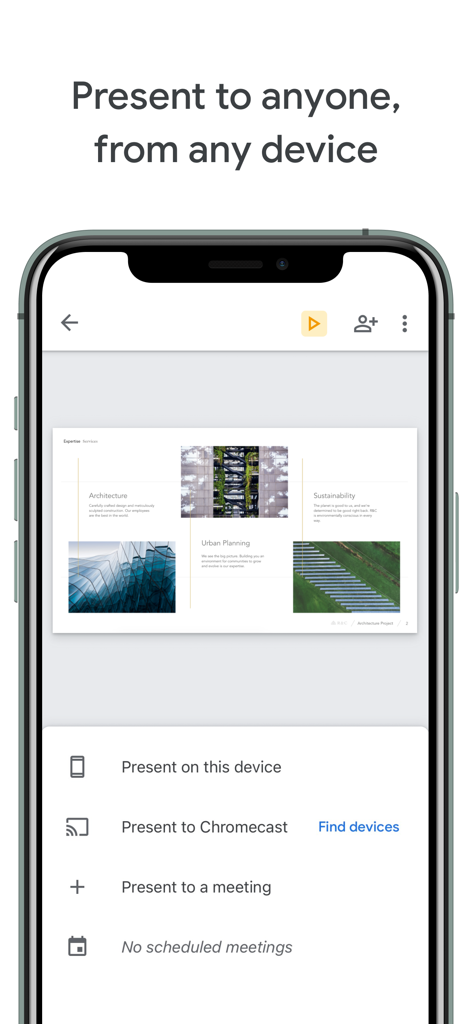 A smartphone showing the Google Slides app interface with options to present on the device, to Chromecast, or to a meeting.