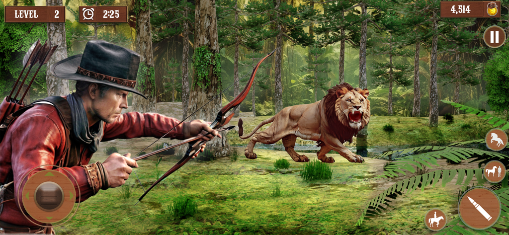 Wild West Cowboy Sniper RPG - Un vaquero apuntando con un arco y una flecha a un león en un entorno forestal.