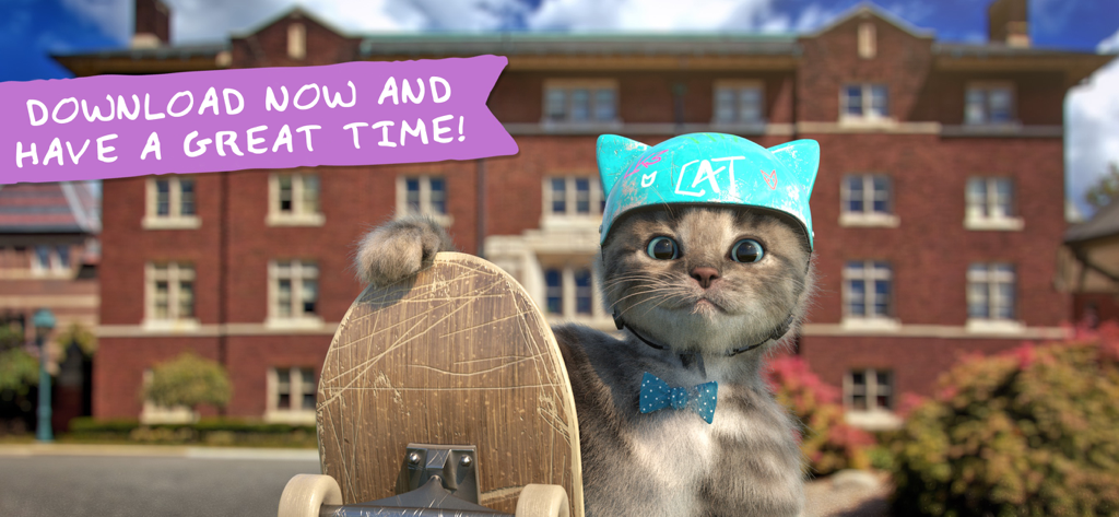 Little Kitten: Pet Cat School - A cute 3D animated kitten wearing a blue helmet and bowtie holding a skateboard in front of a school building