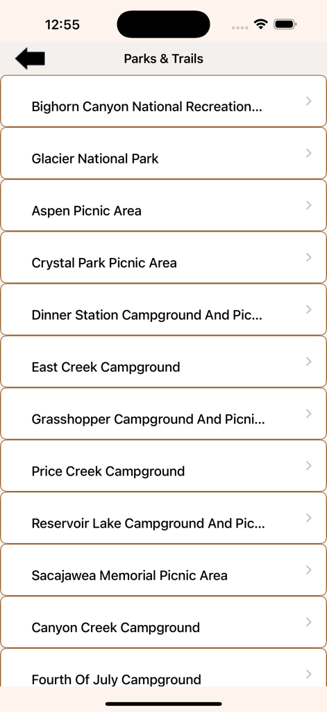 A list of parks trails and campgrounds in the Montana State Parks Guide app