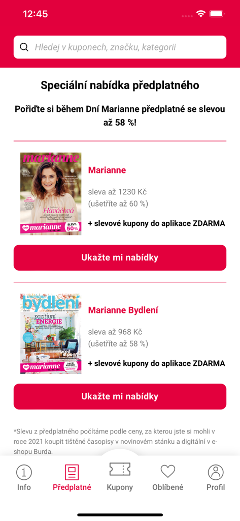 Dny Marianne app screen displaying special subscription offers for Marianne and Marianne Bydleni magazines