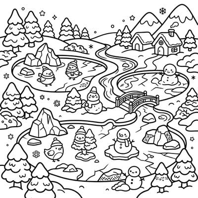 Explore a delightful Kawaii Frozen Lake coloring page, bringing together the charm of Japanese cuteness with a serene winter landscape. This printable invites you to add vibrant colors to adorable snowmen, cozy birds, and frosty trees.