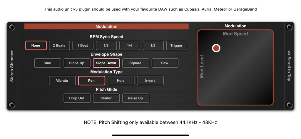 Shimmer AUv3 Audio Plugin - Modulation settings interface for the Shimmer AUv3 audio plugin showing BPM sync and envelope shape controls.