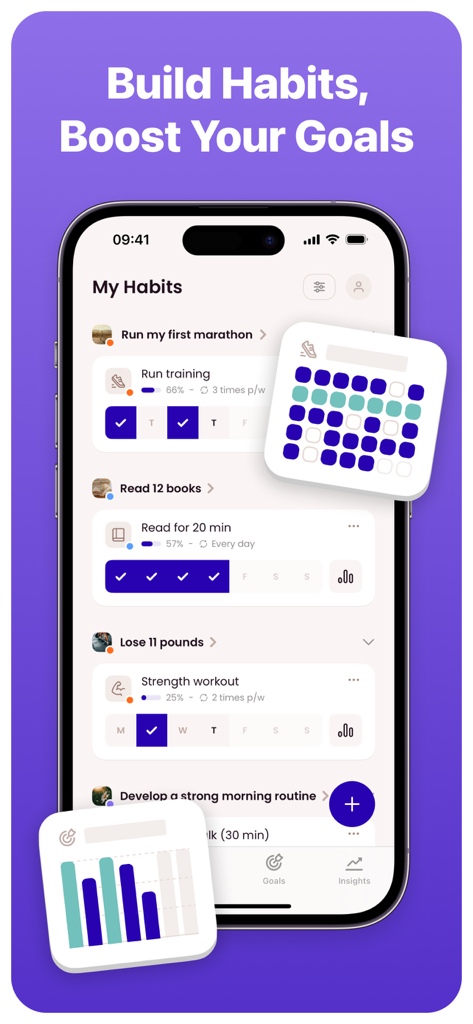 Schermata iPhone che mostra il tracker di abitudini Griply con obiettivi per corsa, lettura e allenamenti di forza, inclusi grafici di avanzamento