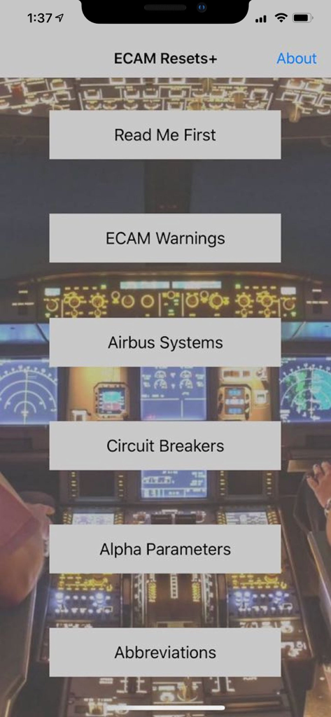 Airbus ECAM Resets+ - Main dashboard of the Airbus ECAM Resets plus app displaying buttons for system resets and warnings