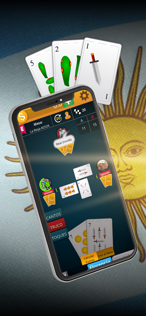 Um telefone celular exibindo um jogo de Truco Argentino com cartas espanholas tradicionais e um fundo de bandeira argentina