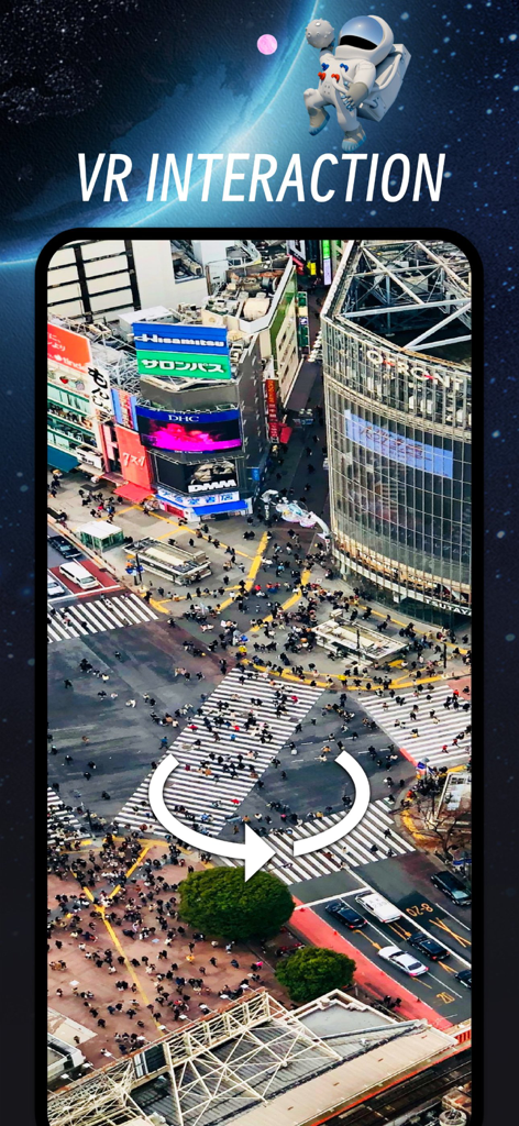 3D World Map VR - Screenshot of 3D World Map VR app showing a high-angle street view of a busy city crossing with a 360-degree interaction icon.