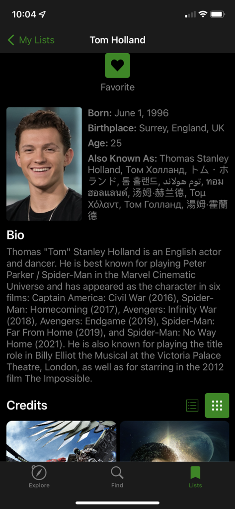 Nexus Movies & TV - Página de perfil del actor Tom Holland con biografía y créditos cinematográficos en la aplicación Nexus Películas y TV