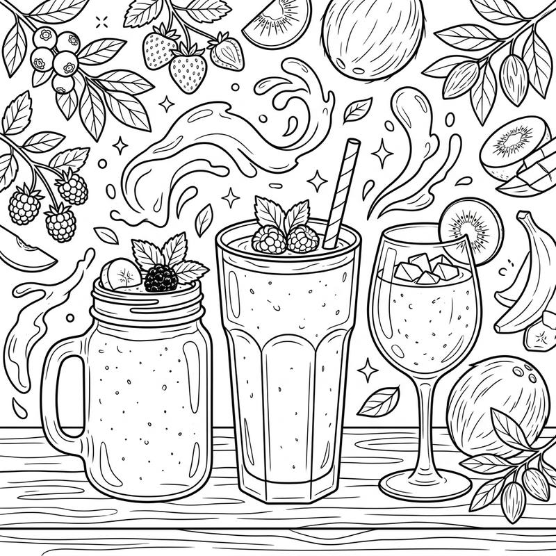 Dive into a world of healthy refreshment with this delightful dairy-free smoothies coloring page. Featuring a vibrant collection of plant-based drinks and fresh fruits, it's perfect for a relaxing and creative activity.