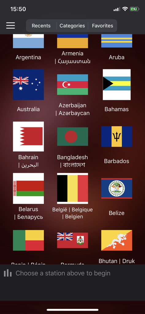 KeepOne Radio - KeepOne Radio app screen showing a grid of international radio stations categorized by country flags