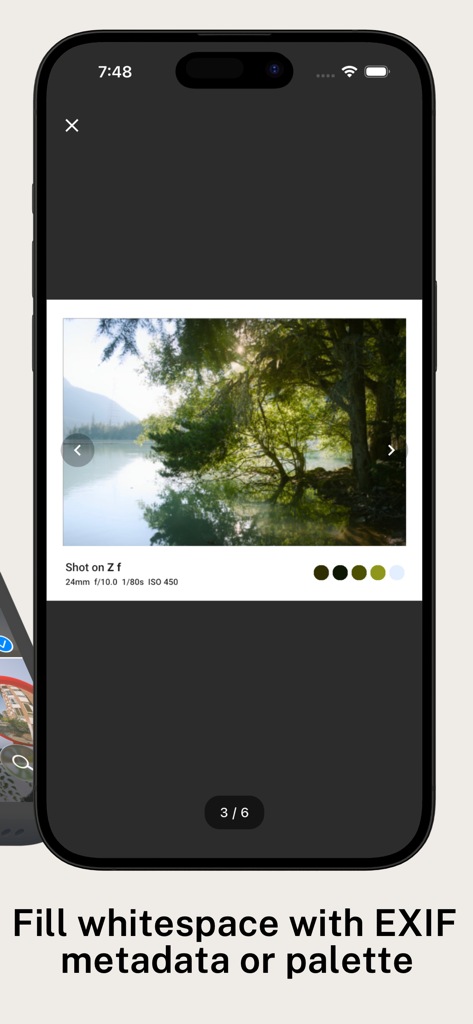 BatchPad: Photo Border in Bulk - BatchPad app interface showing a landscape photo with a white border containing EXIF camera data and an extracted color palette