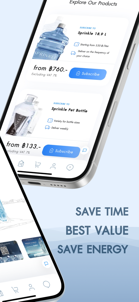 Interface móvel do Sprinkle App mostrando opções de assinatura de entrega de água e produtos